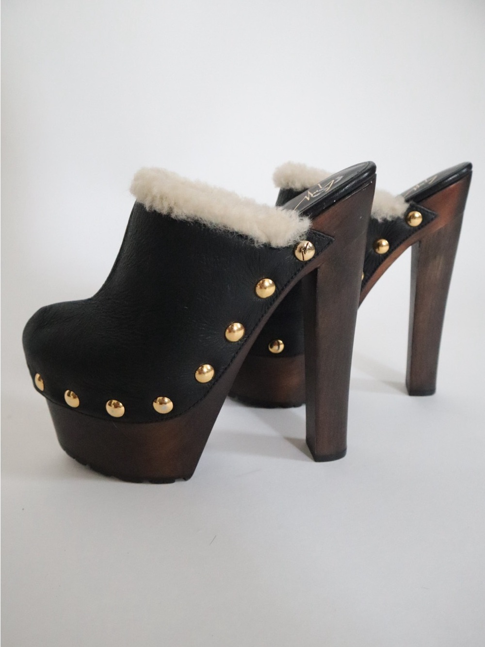 Giuseppe Zanotti Black Leather Shearling-Trim Platform Clogs with Gold Studs